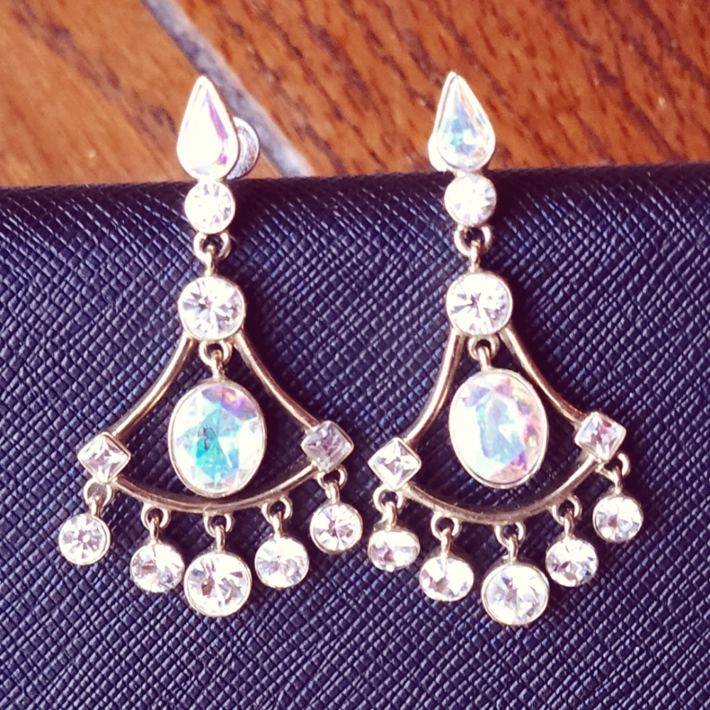 GIVENCHY Vintage Crystal Gold Tone Signed Sparkle Chandelier Earrings